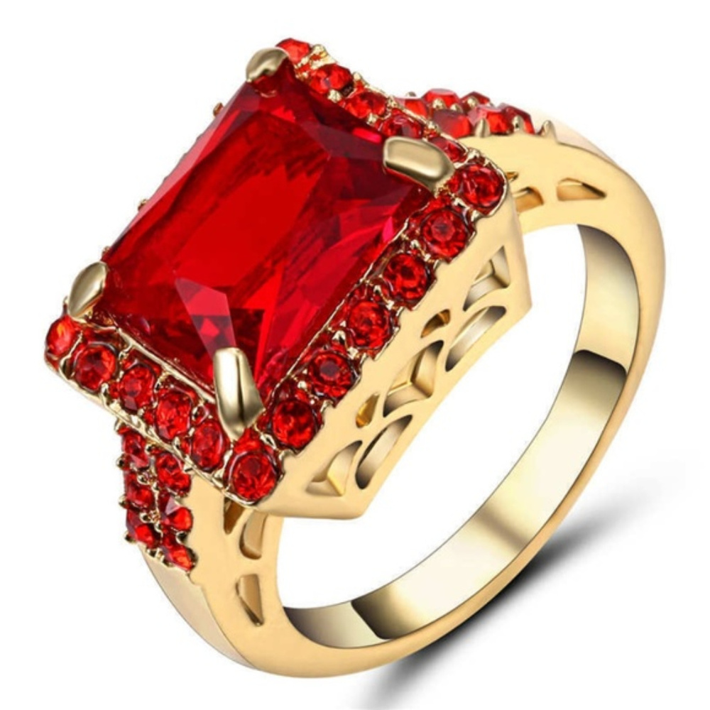 18K Yellow Gold Filled Big Ruby Red Stone Ring